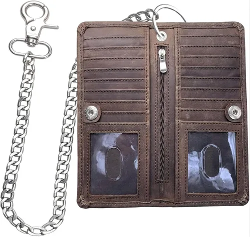 Vista 12 de CLASSIC - Cartera con cadena de motocicleta para hombre, piel auténtica Anilina Negro