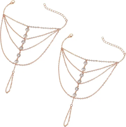 Vista 25 de Suyi Pulsera de anillo de dedo, arnés de mano, pulsera de cadena de diamantes de imitación, regalos para mujeres 2 piezas oro