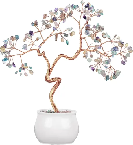 Vista 7 de Amogeeli Árbol de dinero de cobre de cristal aguamarina curativo con maceta de cerámica, árbol de la suerte bonsái de piedra hecho a mano