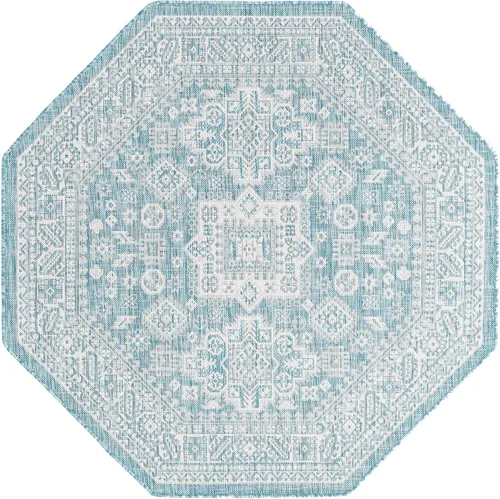 Vista 3 de Unique Loom Outdoor Aztec Collection Alfombra de área, Chalca (5 pies 3 pulgadas, octágono, aguamarina/marfil)