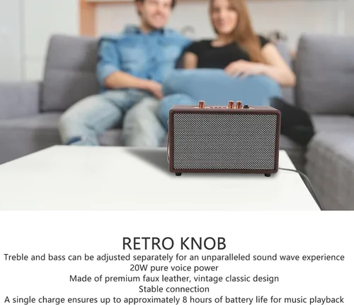 Vista 4 de Altavoz portátil retro, altavoz vintage de piel sintética con 10 W x 2 altavoces duales, tiempo de reproducción de 8 horas de duración, entrada