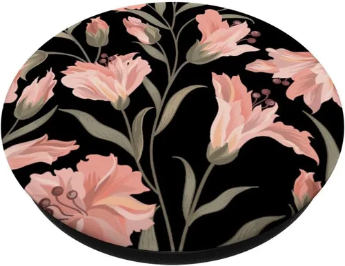 Vista 2 de Negro Base Rosa Flor Vintage Floral Patrón PopSockets PopGrip: Agarre intercambiable para teléfonos y tabletas