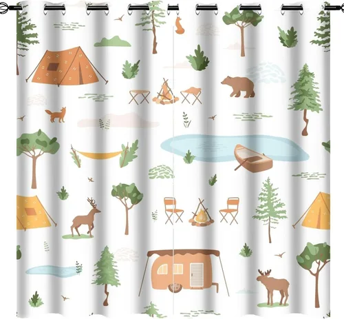Vista 18 de Cortinas abstractas con estampado de cámper de caricaturas, divertido tema de aventura, campamento, montañas, vida silvestre, oso, tratamiento