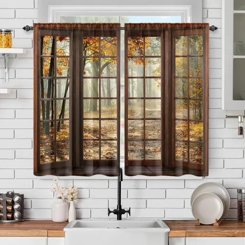Vista 49 de Cortinas de ventana de cosecha de otoño, marco de madera rústica, cortinas florales de pacas de heno y calabaza, cenefa de cocina de Acción
