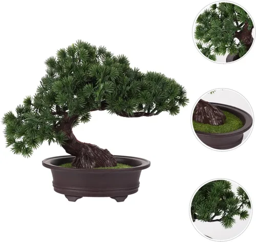 Vista 4 de Mini planta de plástico decorativa de pino sintético para bonsái, verde, 10.23 oz