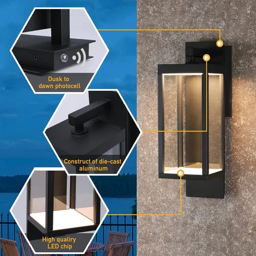 Vista 7 de Aplique de pared con sensor de atardecer a amanecer, lámpara de pared exterior integrada LED, luces de montaje en pared antioxidantes, impermeable