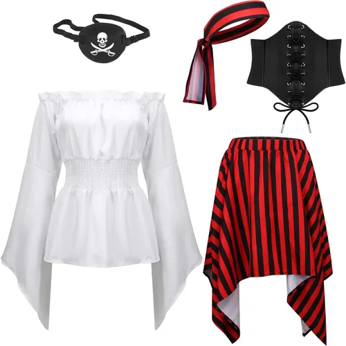 Vista 7 de 5 piezas de disfraz de pirata para mujer, cosplay, renacentista, blusa superior, corsé, cinturón de cintura, falda, rayas, pañuelo para la cabeza