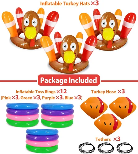 Vista 2 de Paquete de 3 juegos de lanzamiento de anillos de Acción de Gracias, juguetes inflables para niños, juegos de lanzamiento de sombrero de pavo
