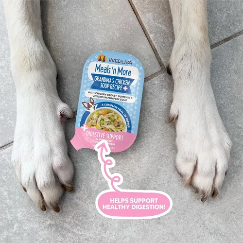 Vista 9 de Weruva Meals 'n More Alimento Húmedo Natural para Perros, Sopa de Pollo de la Abuela Más Apoyo Digestivo, Taza de 3.5oz (Paquete de 12)