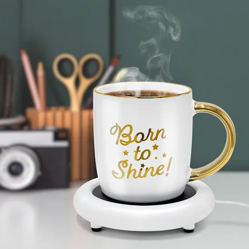 Vista 2 de Taza de café con calentador, taza eléctrica motivacional para amantes del café, regalos para cumpleaños/Navidad, 12oz Born to Shine (caja de regalo)