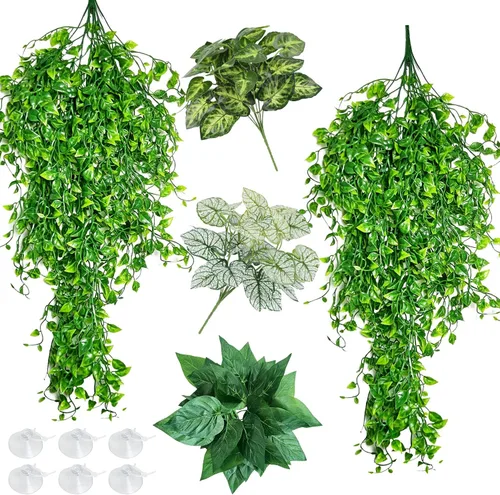 Vista 11 de Hamiledyi Plantas Artificiales para Reptiles, Vid Trepadora Flexible de Selva para Terrario, Rama de Ramas de Plástico Flexibles con Hojas Colgantes
