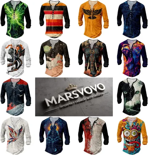 Vista 4 de MARSVOVO Camisetas Henley para hombre, camisetas gráficas artísticas, cuello en V, sin cuello, manga larga, casual, ajustadas, camisas