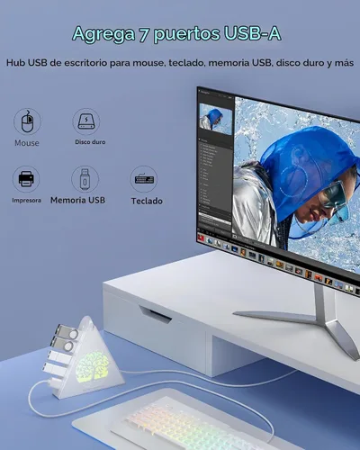 Vista 6 de Hub USB 3.0 de 7 puertos, divisor de concentrador USB vertical blanco con iluminación RGB en forma de árbol, transferencia de alta velocidad de 5