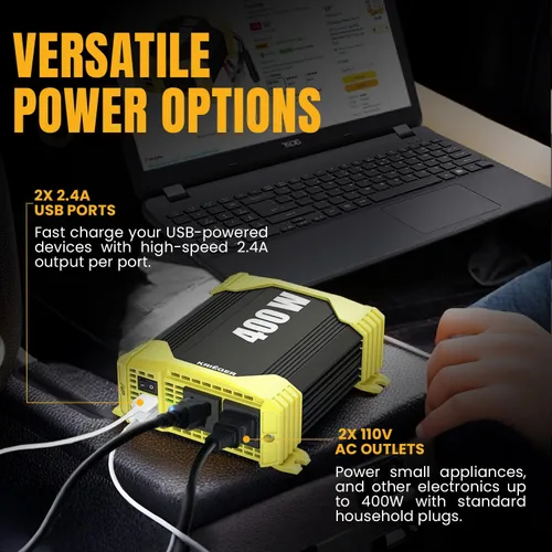 Vista 3 de K KRIËGER - Inversor de corriente de 400 vatios, 12V CC a 110V CA para vehículos, con 2 salidas, puertos USB, enchufe para encendedor de cigarrillos
