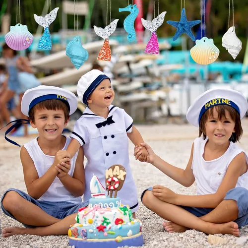 Vista 6 de Maitys 24 adornos navideños de resina con temática del océano, diseño de lápiz, estrella de mar, concha, caballito de mar, decoración artificial