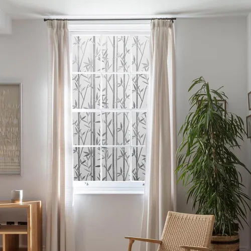 Vista 2 de LEMON CLOUD Película de ventana de bambú, película de vidrio manchado, película de vidrio esmerilado, decoración de ventana adhesiva, decoración