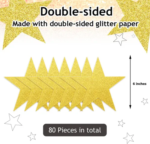 Vista 2 de Gejoy 80 piezas de recorte de estrellas doradas con purpurina dorada, decoración de estrellas doradas, estrella de papel doble impresa para noche