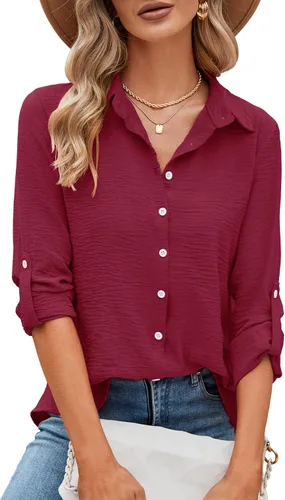 Vista 47 de Odosalii - Camisas con botones para mujer, con cuello en V, manga larga, enrolladas, blusas elegantes y formales para negocios y ocasiones casuales