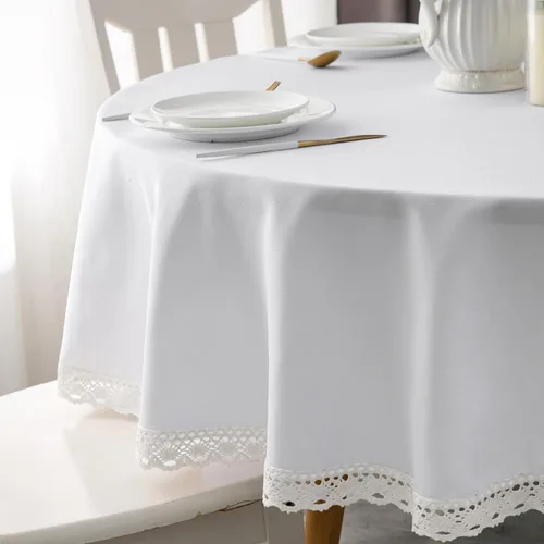 Vista 29 de EHouseHome Mantel de lino sintético con ribete de encaje, impermeable, a prueba de derrames, resistente a las manchas, sin arrugas, a prueba
