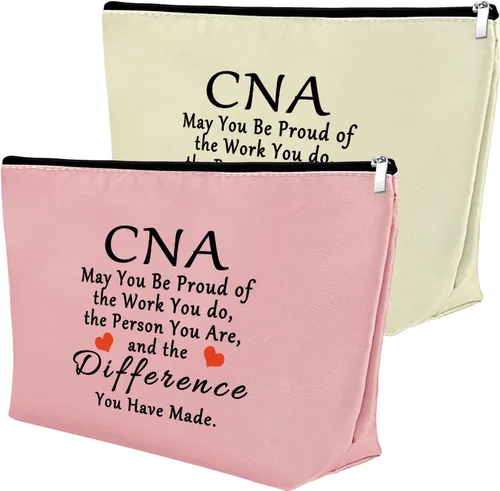 Vista 13 de Mxrymvu Regalos de la semana de CNA Bolsas de maquillaje Regalos de agradecimiento CNA, 2 piezas beige.