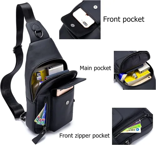 Vista 6 de BULLCAPTAIN Bolso cruzado de cuero genuino para hombre, bolso cruzado de viaje, casual, con múltiples bolsillos, para senderismo, mochilas