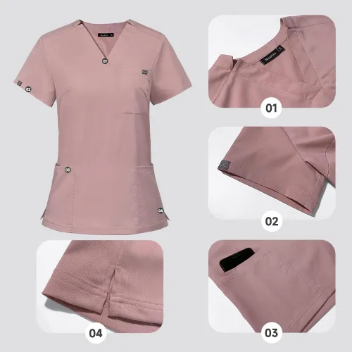 Vista 3 de niaahinn Conjunto de uniforme médico unisex con cuello en V y pantalones con múltiples bolsillos