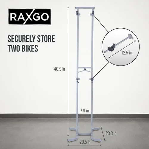 Vista 5 de RaxGo Estante de almacenamiento de garaje para bicicletas, soporte de piso de garaje para 2 bicicletas, independiente, ganchos ajustables