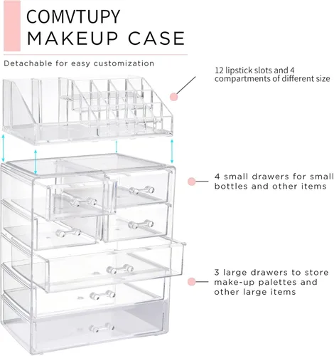 Vista 2 de Organizador de maquillaje transparente con soporte para pinceles, gran exhibición de cosméticos de acrílico y organizador de maquillaje