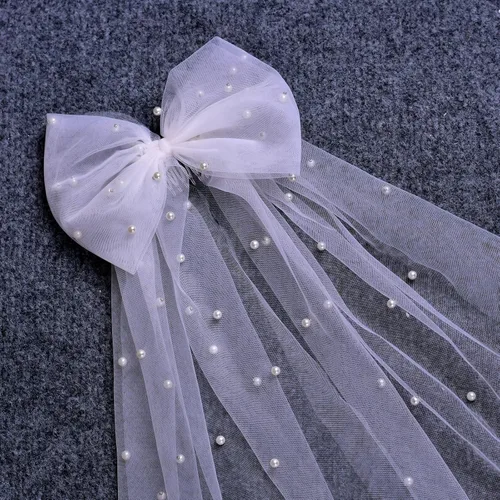 Vista 5 de Decoraciones de despedida de soltera blanco perla lazo para el cabello velo de boda accesorios para el cabello regalo de despedida de soltera