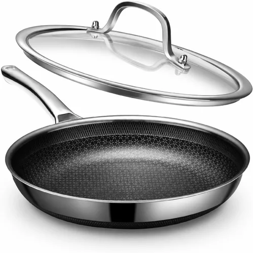 Vista 6 de Sartenes antiadherentes, sartenes híbridas para hornear de 12 pulgadas con tapa Sartén de acero inoxidable, sartén para huevos de cocina