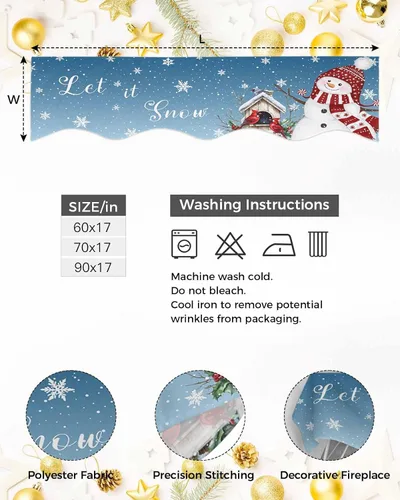 Vista 9 de Bufanda de chimenea de Navidad con diseño de muñeco de nieve de Navidad, copos de nieve, pájaros, chimenea, estante superior, bufanda, camino