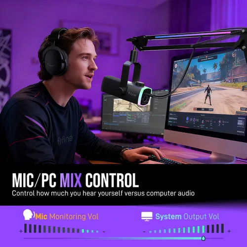 Vista 5 de Kit de micrófono de juego FIFINE, micrófono dinámico XLR/USB para PC con brazo articulado para grabación de podcast, juego de micrófono RGB
