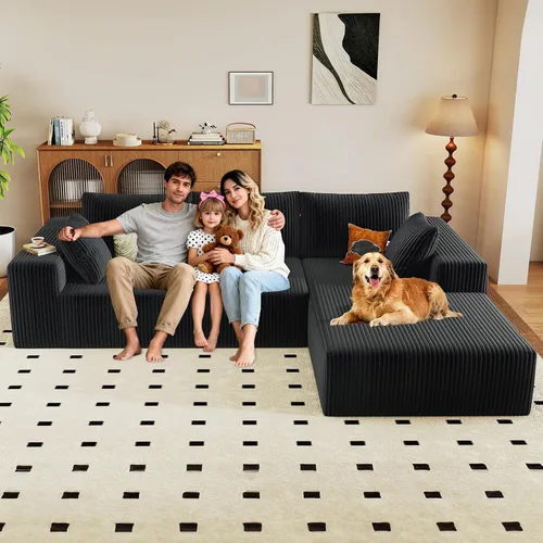 Vista 9 de Sofá seccional modular de 96", sofá en forma de L tipo nube sin estructura con chaise lounge, tapizado de pana con asiento profundo de espuma Negro
