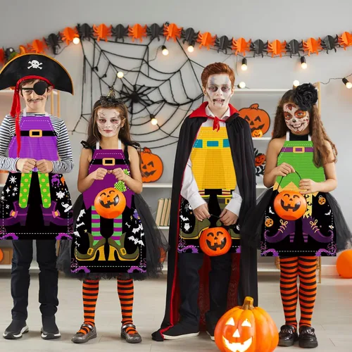 Vista 6 de YLOLUL Delantal de cocina de Halloween, delantales de cocina de bruja, decoración de fiesta de Halloween, delantales de cocina para niños