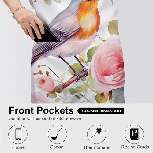 Vista 5 de Personalized Floral Print Watercolor Robin Bird Adult Apron, Kitchen Cooking Aprons for Woman Man, Adjustable Bib Apron with Pocket for Baking, BBQ