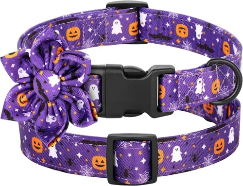 Vista 6 de Beirui Lindo collar de Navidad para perro hembra con flor, collares de perro con patrones navideños, collar rojo suave para mascotas ajustable