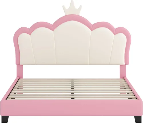 Vista 8 de Harper & Bright Designs Base de cama de princesa tapizada de tamaño matrimonial con cabecero de corona para niños, niñas, niños pequeños, cama