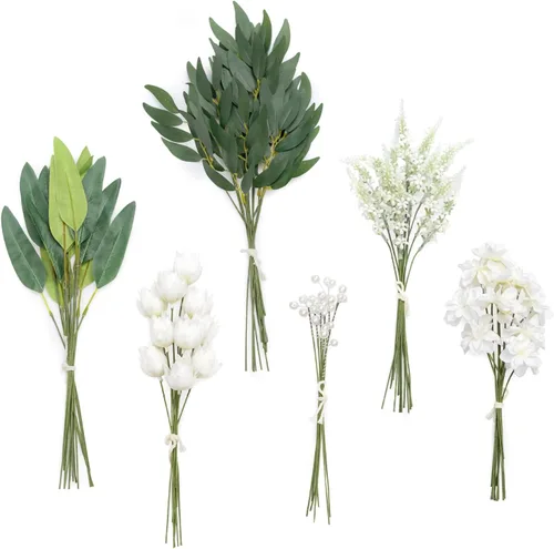 Vista 28 de Ling's moment - Juego de tallos de vegetación artificial verde, 36 piezas con 8 tipos de flores artificiales para ramos de novia de bricolaje Negro