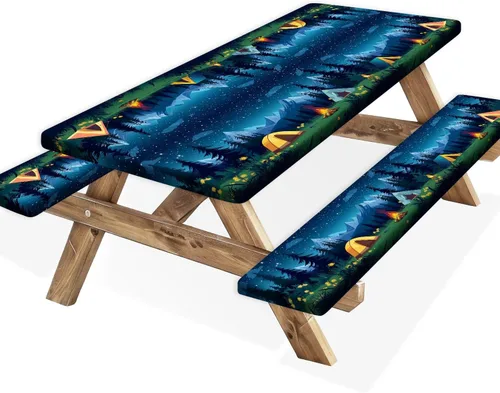 Vista 52 de Funda para Mesa de Picnic con Fundas para Bancos y Bolsa, Campista de Madera Impermeable Resistente al Viento, Cubierta de Mantel Ajustada con Borde