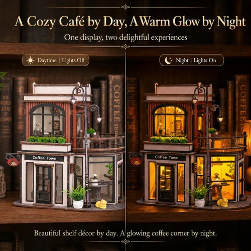 Vista 4 de Kit de rincón de libros de cafetería, rompecabezas de madera 3D para adultos con luces LED, decoración de casa de muñecas para escritorio