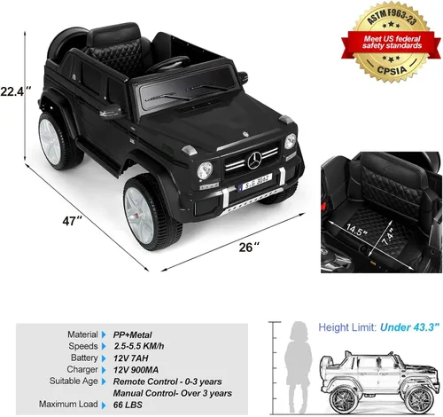 Vista 7 de JOYLDIAS - Auto Mercedes-Benz G650S con licencia para niños, camión de paseo para niños 12V7AH con luces LED subterráneas, control remoto, 3 Negro