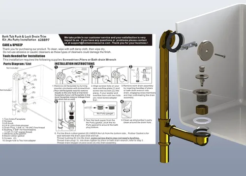 Vista 6 de Artiwell Push & Lock - Juego de molduras para bañera con placa frontal de desbordamiento de un solo orificio, kit de conversión de bañera con barra