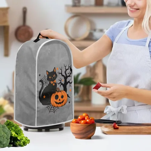 Vista 2 de Juego de fundas para tostadora y licuadora, árbol de gato negro, calabaza, casual, lavable, para cafetera, accesorios de cocina, Halloween, pequeño