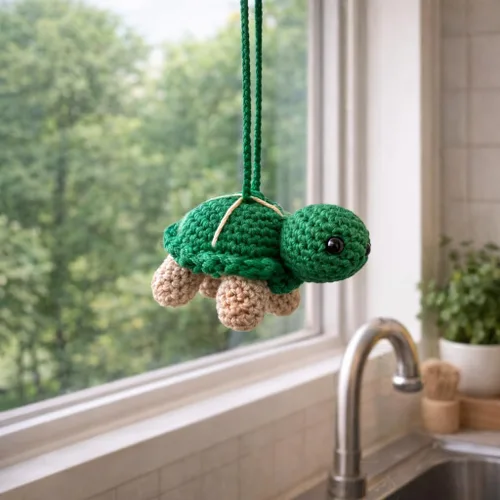 Vista 5 de Adorno colgante hecho a mano de tortuga de ganchillo, bonito dije para espejo retrovisor de automóvil, accesorio de mochila, decoración de guardería