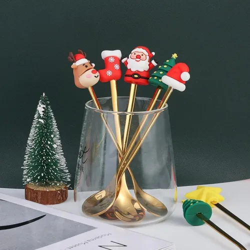 Vista 2 de Cuchara de Navidad de acero inoxidable para árbol de Navidad, cuchara de té para el hogar, cuchara de café de Navidad, tenedores de cena, cuchara