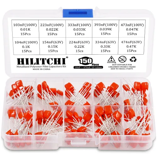 Vista 9 de Hilitchi Kit de Surtido de 700 Piezas de Condensadores de Película de Poliéster Mylar de 24 Valores - 0.22NF a 470NF / 100V