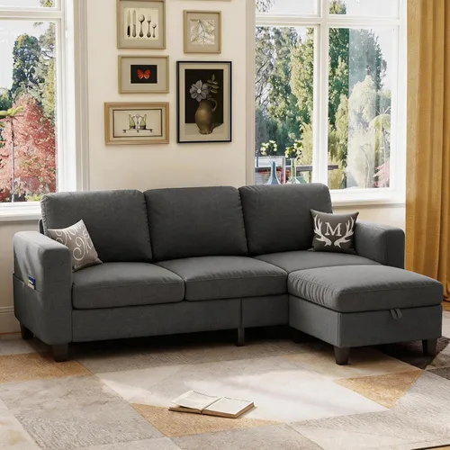 Vista 10 de Sofá modular de 78 pulgadas para sala de estar, sofá azul en forma de L con otomana de almacenamiento, asiento profundo, juego de sofá de tela