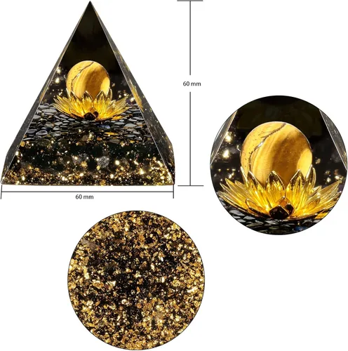 Vista 3 de Pirámide de orgón de esfera de ojo de tigre con loto dorado y obsidiana negra, generador natural de energía para meditación, curación de chakras