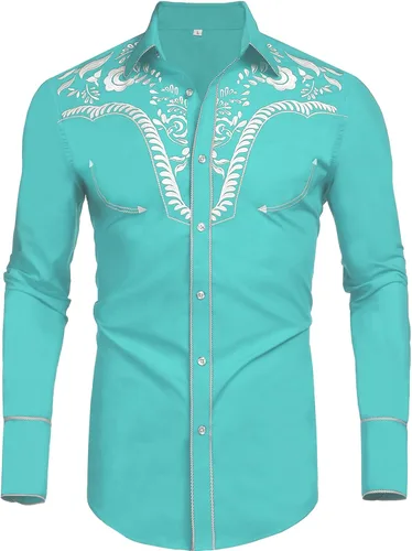 Vista 2 de Daupanzees Camisas bordadas de manga larga para hombre, ajuste delgado, casual, con botones