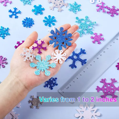 Vista 3 de Aneco 500 calcomanías de espuma con purpurina para copos de nieve autoadhesivos, calcomanías de nieve para decoración de Navidad e invierno